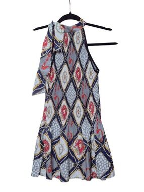 Scarf-Neck Printed Halter Mini Dress in Navy & Light Blue